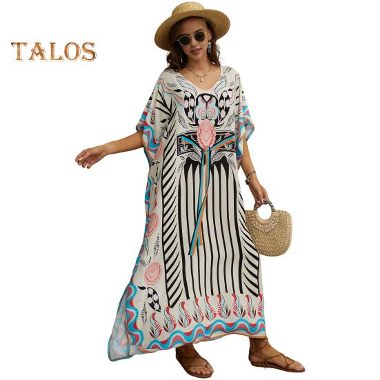 Beach Cover Up Dress V-neck Short Sleeve Loose Fit Bikini Cover Up with Side Slit Vibrant Color Print Vacation Travel Swimsuit Cover-Up