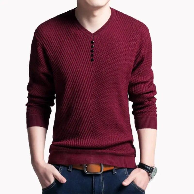 Spring Autumn Korean Knitted Pullovers Slim Fashion Button Casual V-Neck Men's Clothing Solid Color Basic Long Sleeve T-shirts
