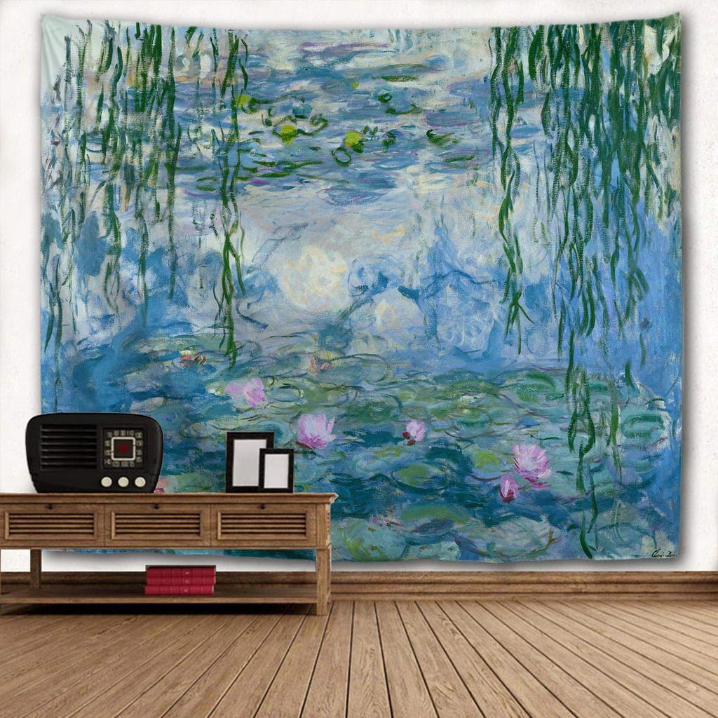 VIKAMA Monet Water Lilies Oil Painting Tapestry Impressionist Art Style Wall Hanging for Living Room Study Homestay Decor