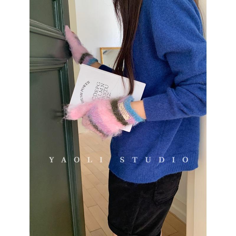 Jintai rainbow color matching stripes~ atmosphere plush mittens women's autumn and winter warm and cold moisture