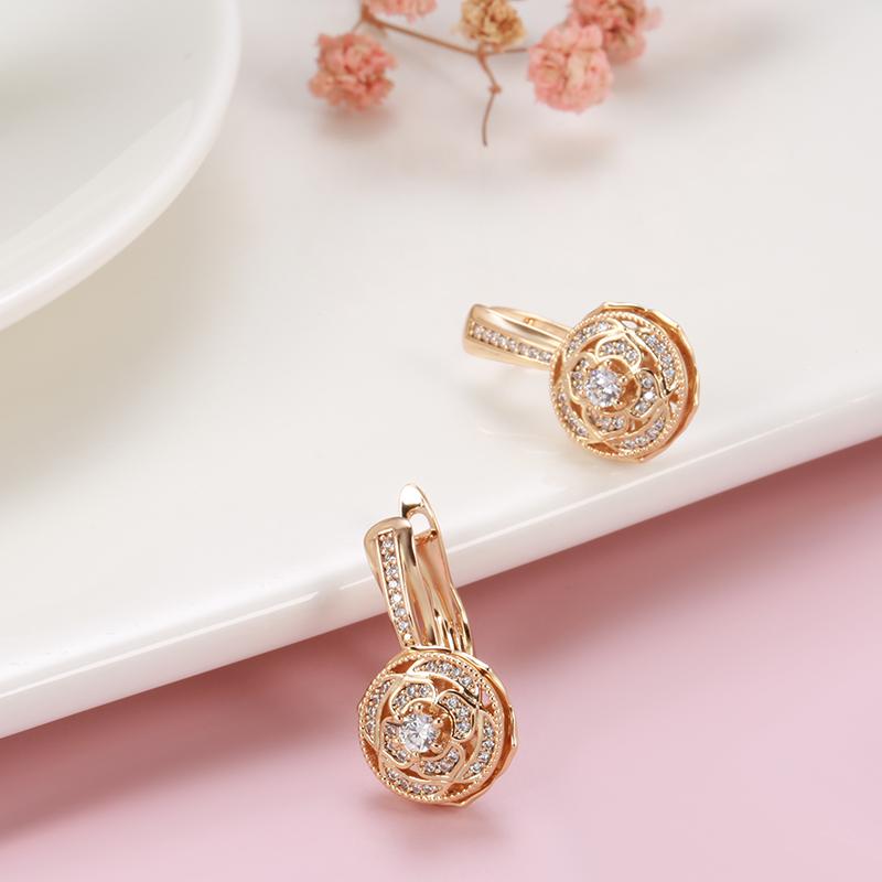 New  Rose Gold Color Flower Drop Earrings For Women Micro Inlay Natural Zircon Accessories Vintage Fine Daily Jewelry