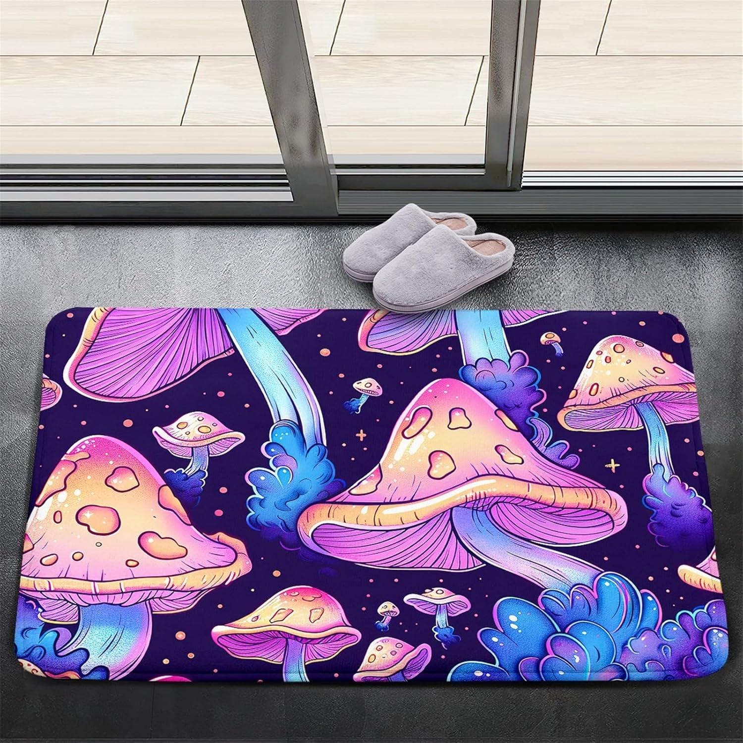 

Fantasy Mushrooms Pattern Door Mat Fairytale Style Colorful Fluorescent Plant Entryway Decor Carpet Outdoor Indoor Anti-slip Rug 30x50cm