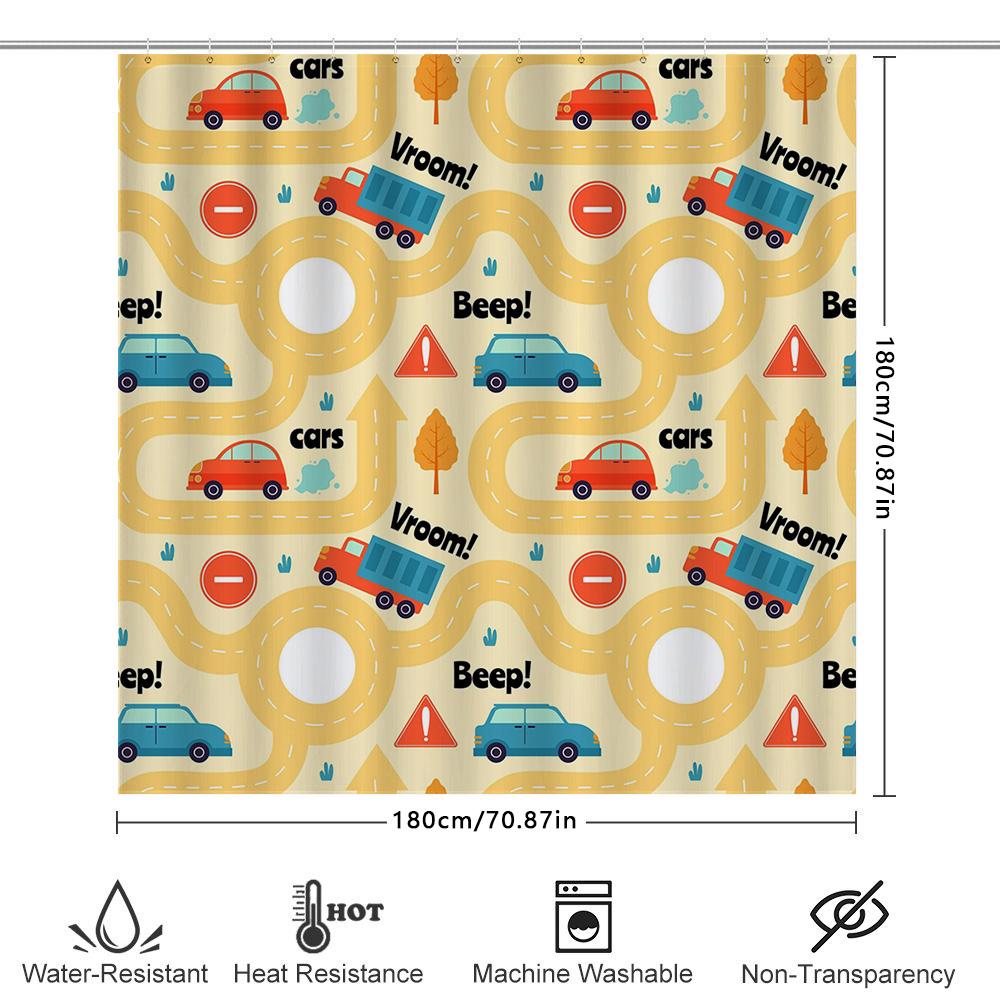 Vibrant Car-Themed Bathroom Shower Curtain For Kids Fun Animal Print Waterproof Fabric Shower Curtain With Hooks Set Home Decor