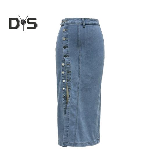 Women Denim Skirt High Waist Buttons Placket Solid Color Midi Skirt Irregular Slit Design Mid-calf Length Skirt