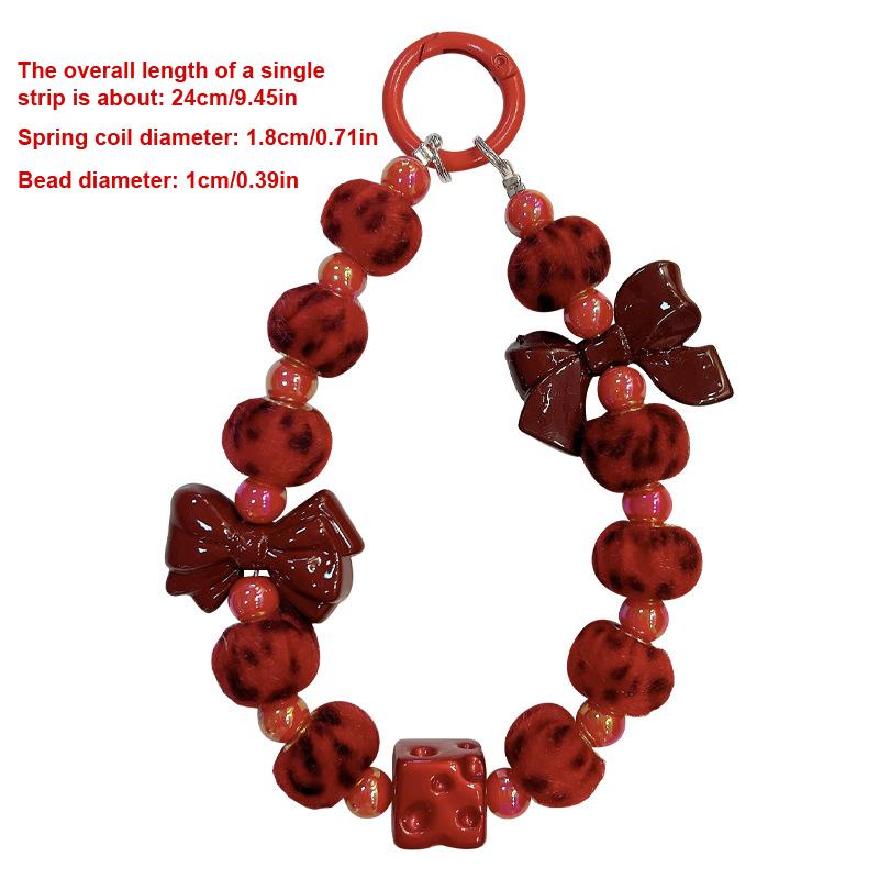 Vintage Red Fur Ball Phone Lanyard Sweet Beaded Mobile Phone Chain Keychain  Year Christmas Cellphone Strap Camera Pendant