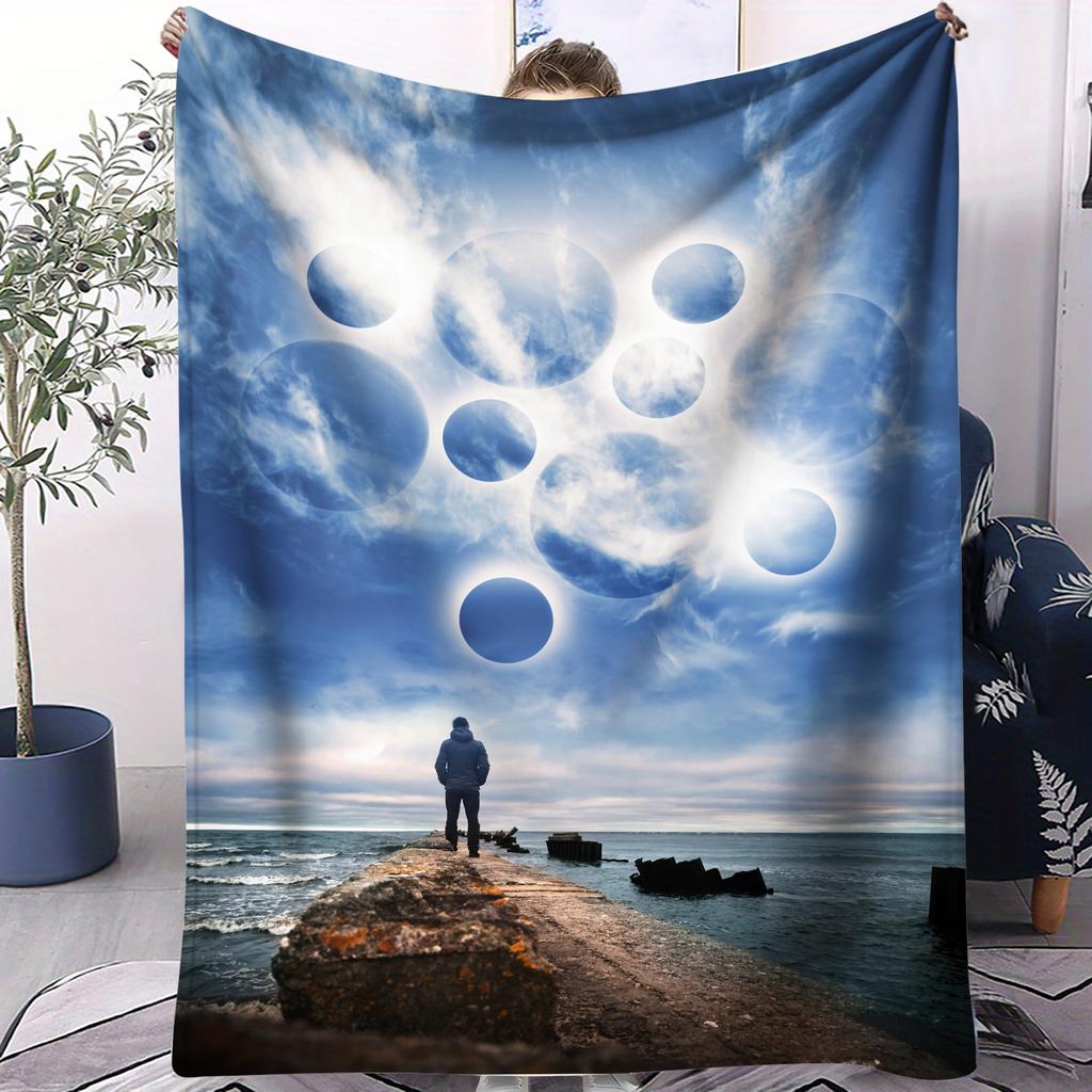 Künstlerischer Flanell-Decke mit Mondphasen-Thema für Erwachsene, Weich, Warm, Universell für Reisen, Picknick, Zuhause