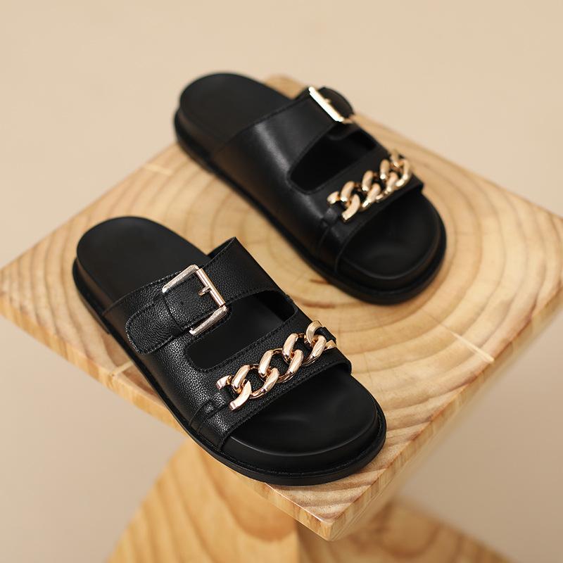 Leather thick-soled cool slippers for women to wear summer fashion beach flat heel one-word large size women's shoes-4