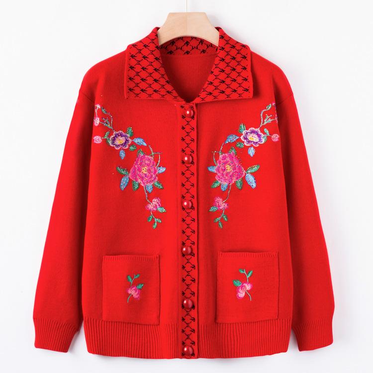 Middle-aged and Elderly Women's New Autumn Embroidered Sweater Coat Grandma Sweater Lapel Coat Mom Cardigan.
