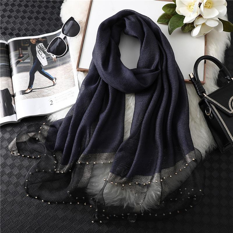 Fashion New Women Silk Cotton Blend Scarf Shawl Plain Soft Wild Beaded Turban Match Luxury Ladies Travel Sun Protection Scarves