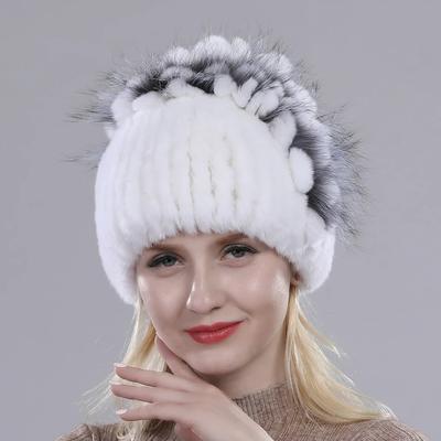 Marke Damen Echte Rexkaninchenfell Mützen Winter Rexkaninchenfell Strickmützen Gestreiftes Oberteil Blume Fuchsfell Warm Echtes Fell Strickmützen