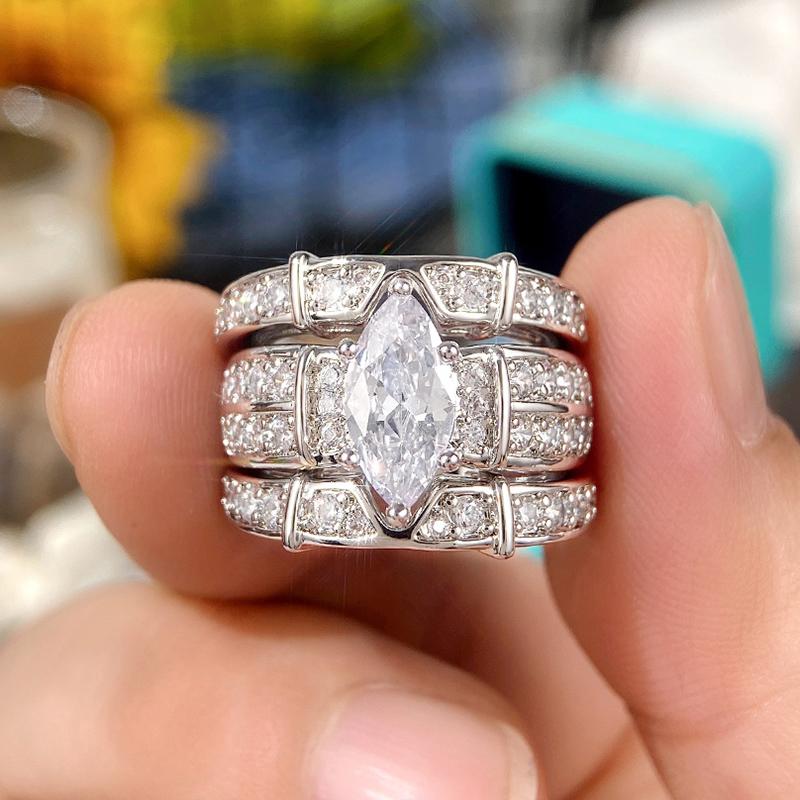 Newly Designed Marquise Cubic Zirconia Set Rings for Women High-quality Silver Color 3Pcs Match Rings 2023 Trendy Jewelry