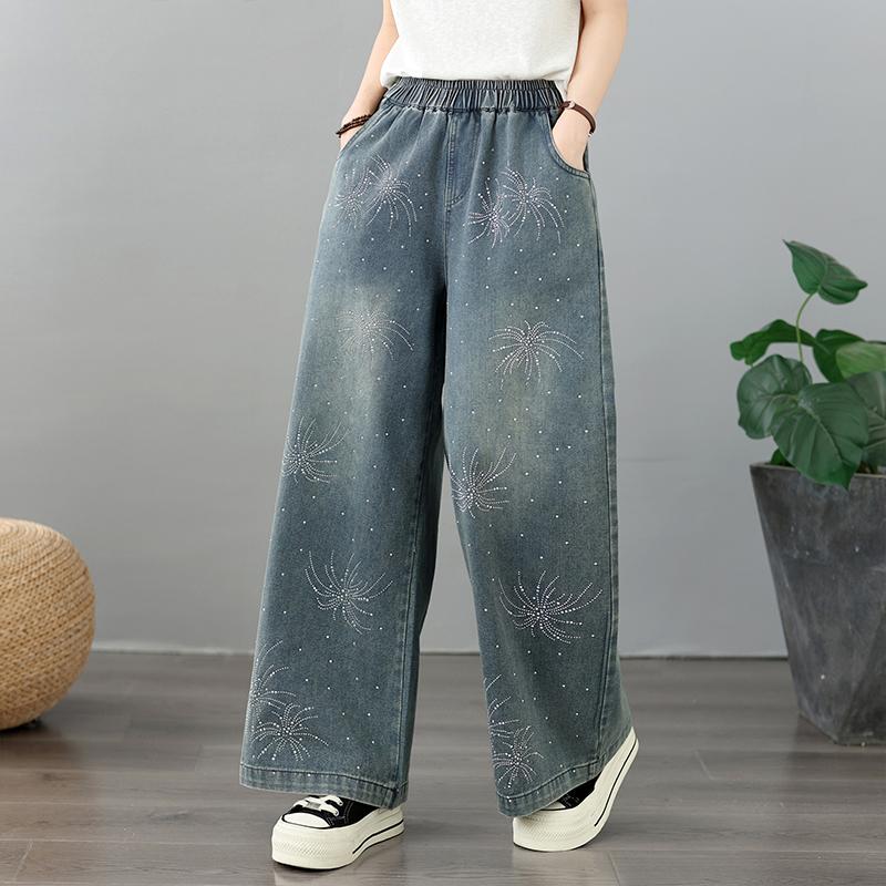 DIMANAF 2026 Summer New Plus Size Women Jeans Elastic Waist Long Pants Beading Loose Casual Denim Cotton Trousers Fashion Lady