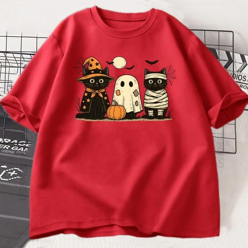 Mens Printed 100 Cotton ShortSleeved Pumpkin Ghost and Black Cat Pattern Casual LooseFitting Comfortable TShirt