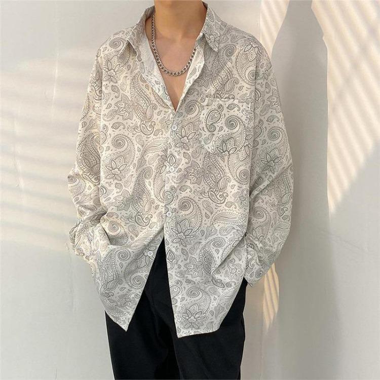 Retro Hong Kong Style Men's Floral Shirt Casual All-Match Jacket Japanese Korean Style Trendy Spring Autumn Fashion