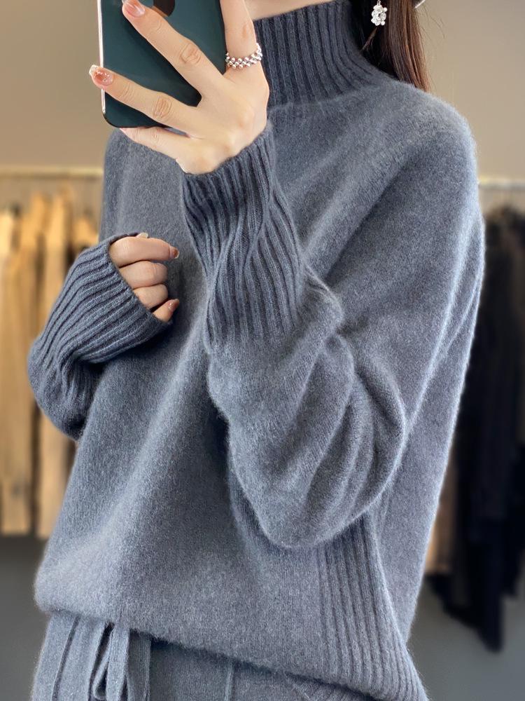 Women's High Neck 100% Wool Sweater - Loose Knit, Thick, Versatile, Cozy Base Layer for Autumn & Winter
