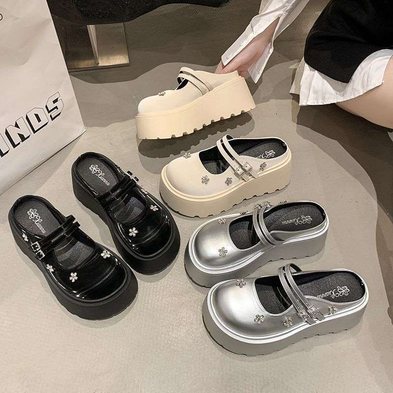 Thick-soled Heightening Mary Jane Shoes Women's Shoes 2025 New Small Double Straps Rhinestone Patent Leather Heightening Half Slippers Women