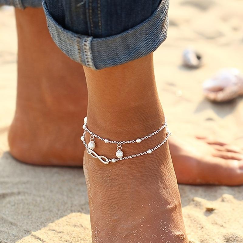 Double Layer Pearl 8-Shape Anklet Handmade Beaded Adjustable Foot Chain Elegant Jewelry For Women Wedding Party Gift Summer Fashion Accessories