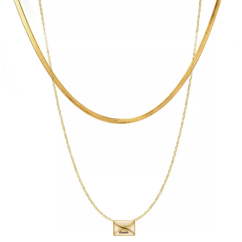 French Delicate Stacked Clavicle Chain Stainless Steel Flat Snake Chain Gold Envelope Pendant Titanium Steel Necklace Jewelry Set