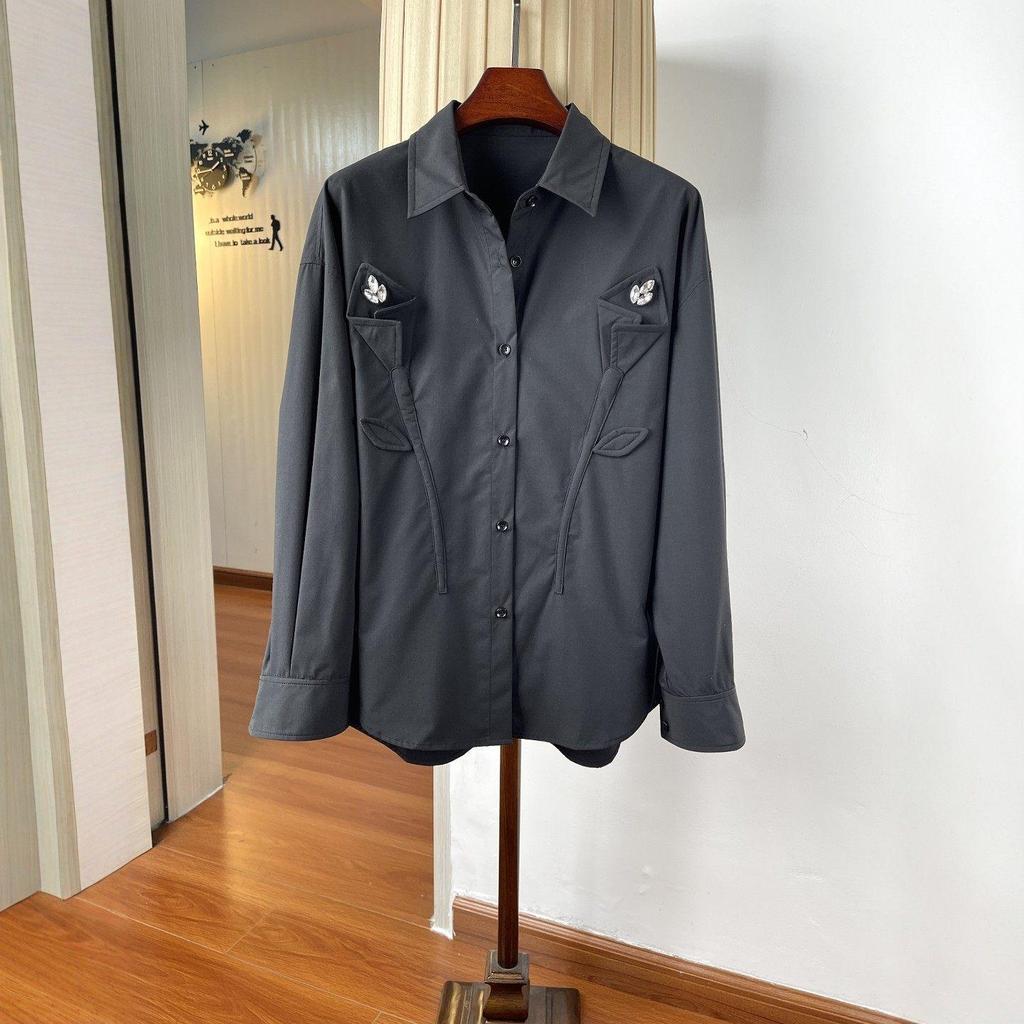 Women's Diamond-Encrusted 3D Floral Loose Long-Sleeve Lapel Shirt, Mid-Length, Spring Top