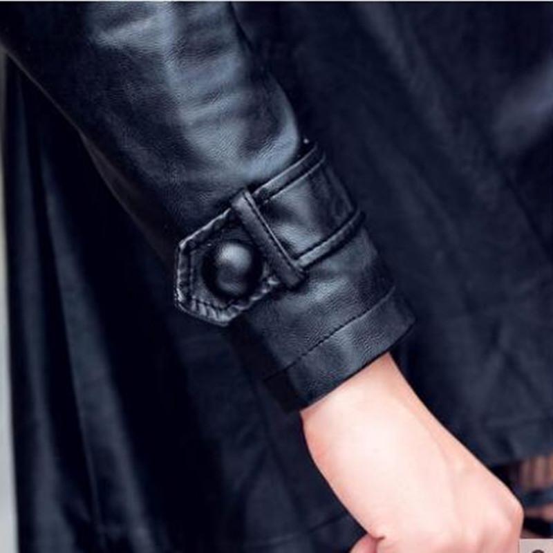 Long Leather Jacket Women Leather Coat Female Autumn Ladies Lace Leather Jackets Coats Black