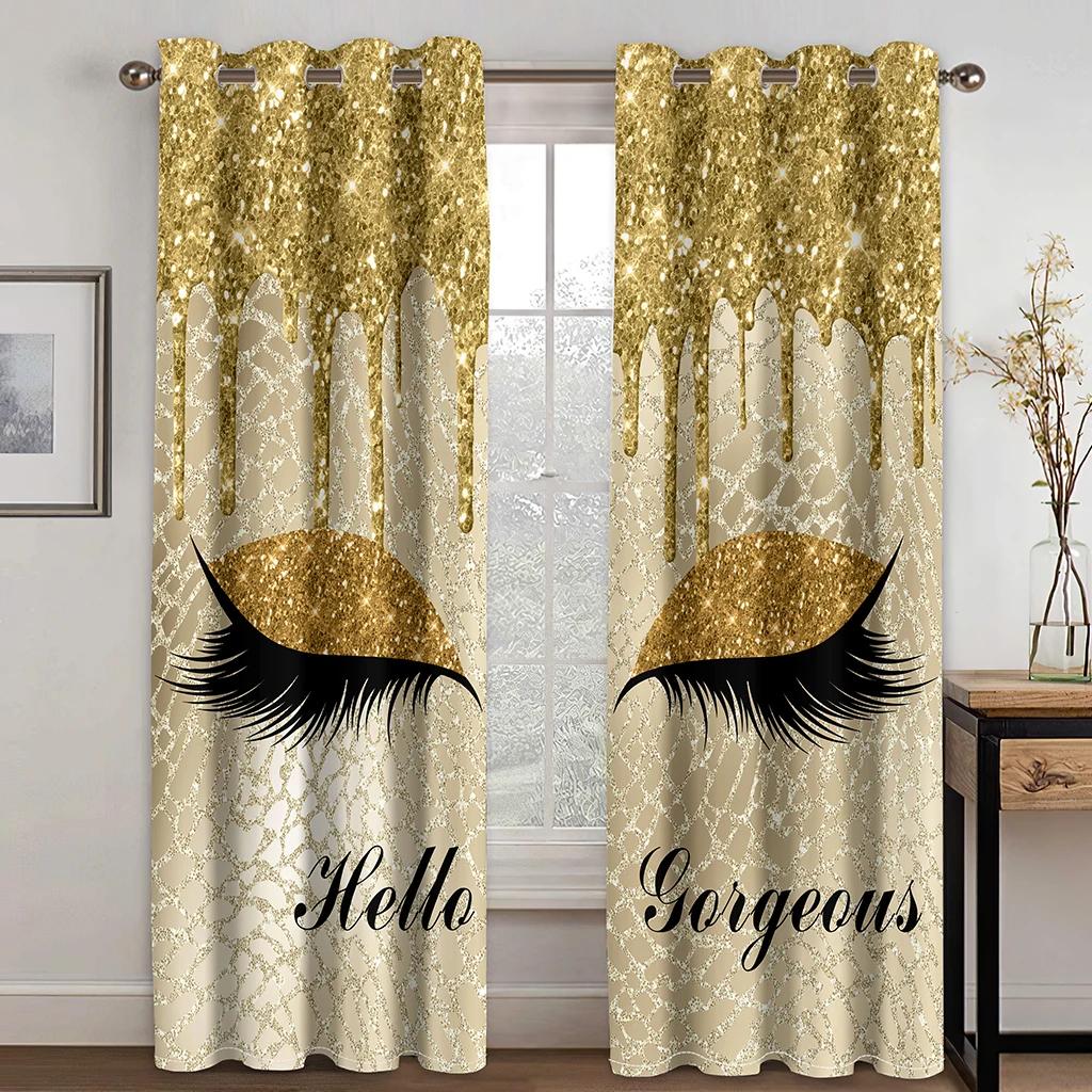 Glittery Light Blue Shiny Eyelash Eyes Window Curtains Blinds For Living Room Kids Bedroom Bathroom Kicthen Door Home Decor2Pcs