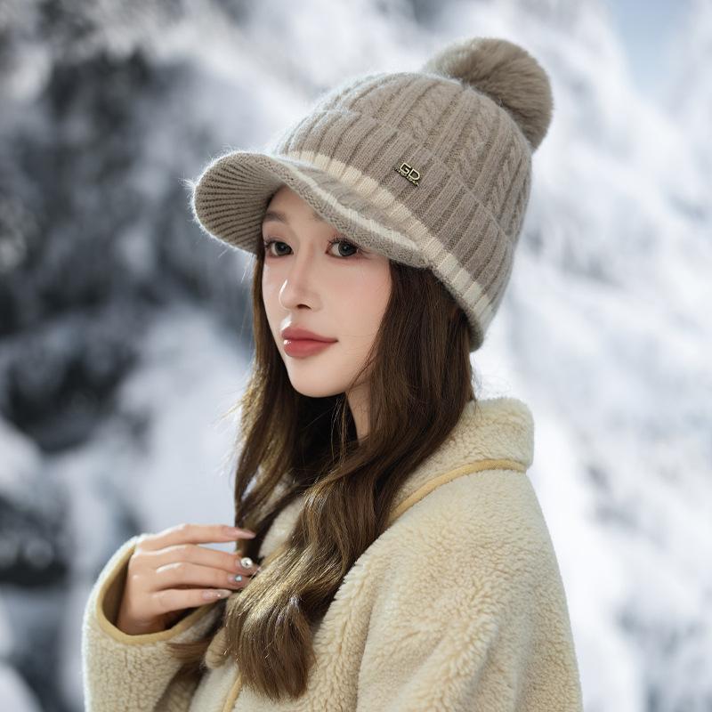 Korean Version of Versatile Wool Ball Plus Velvet Thickened Warm Hat Autumn and Winter Outdoor Leisure Cold-proof Duckball Cap Knitted Wool Cap