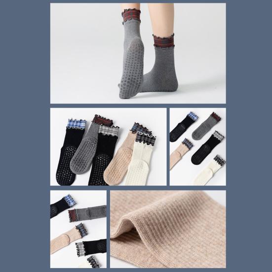 1 Pair Yoga Socks with Non-slip Gripper Double Ruffled Plaid Cuff Mid-calf Socks Women Ballet Dance Pilates Cotton Crew Socks