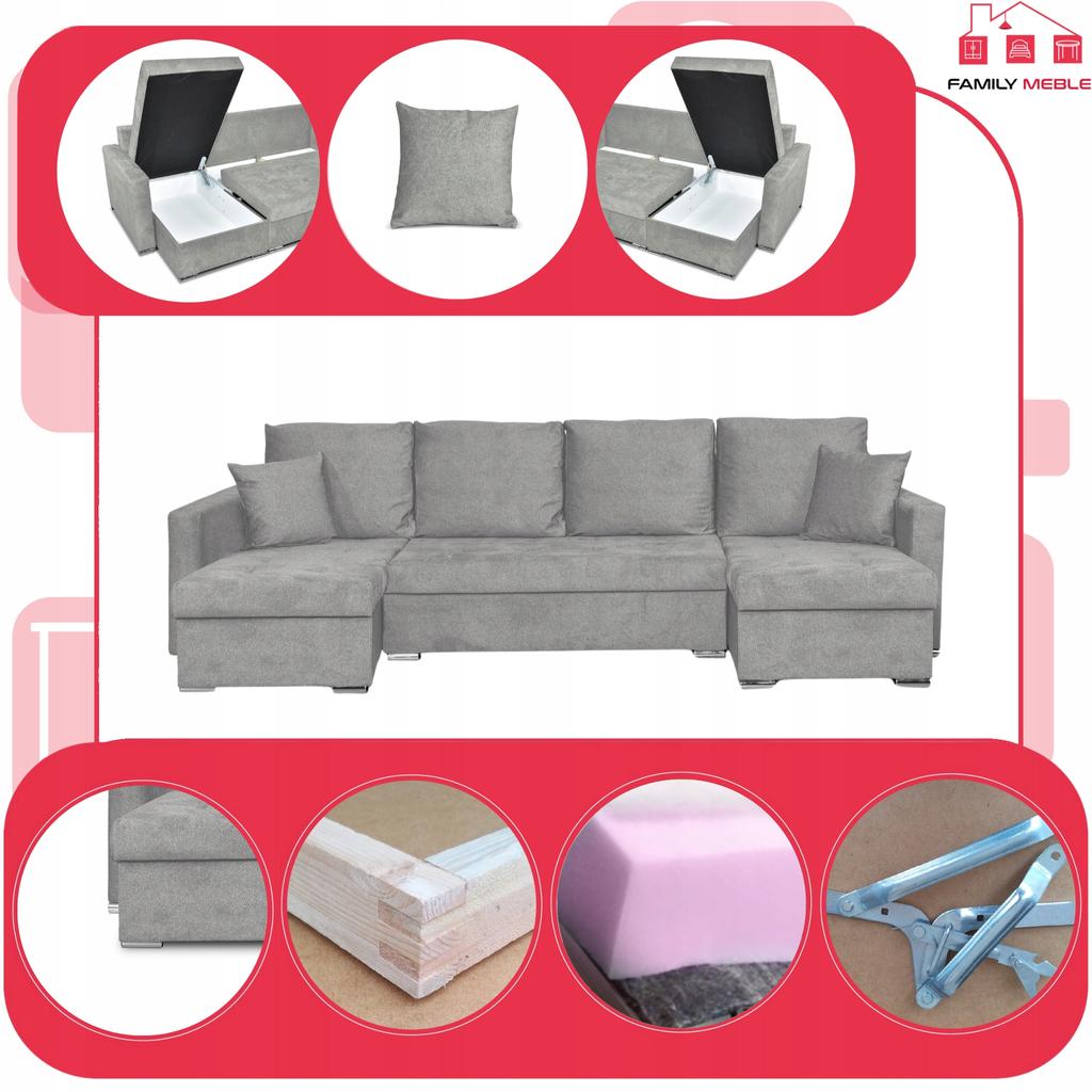Narożnik Bella BIG rozkładany z funkcją spania Family Meble szary