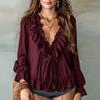 Elegant Women Long Sleeve Blouses White Ruffle Solid Color V Neck Casual Daily Blusas Spring Autumn Shirts Office Lady Tops