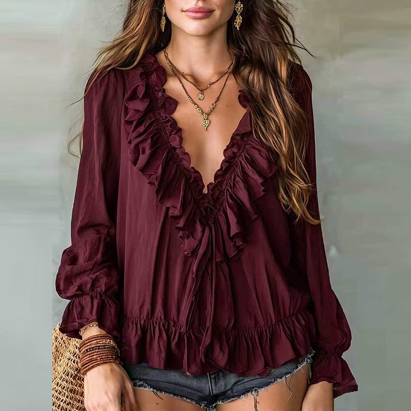 Elegant Women Long Sleeve Blouses White Ruffle Solid Color V Neck Casual Daily Blusas Spring Autumn Shirts Office Lady Tops