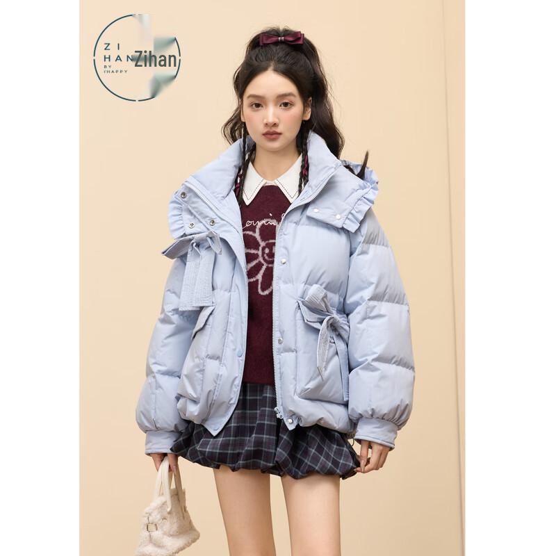 ZIHAN Women s Sweet Bow Stand-Collar Hooded Short Down Jacket M