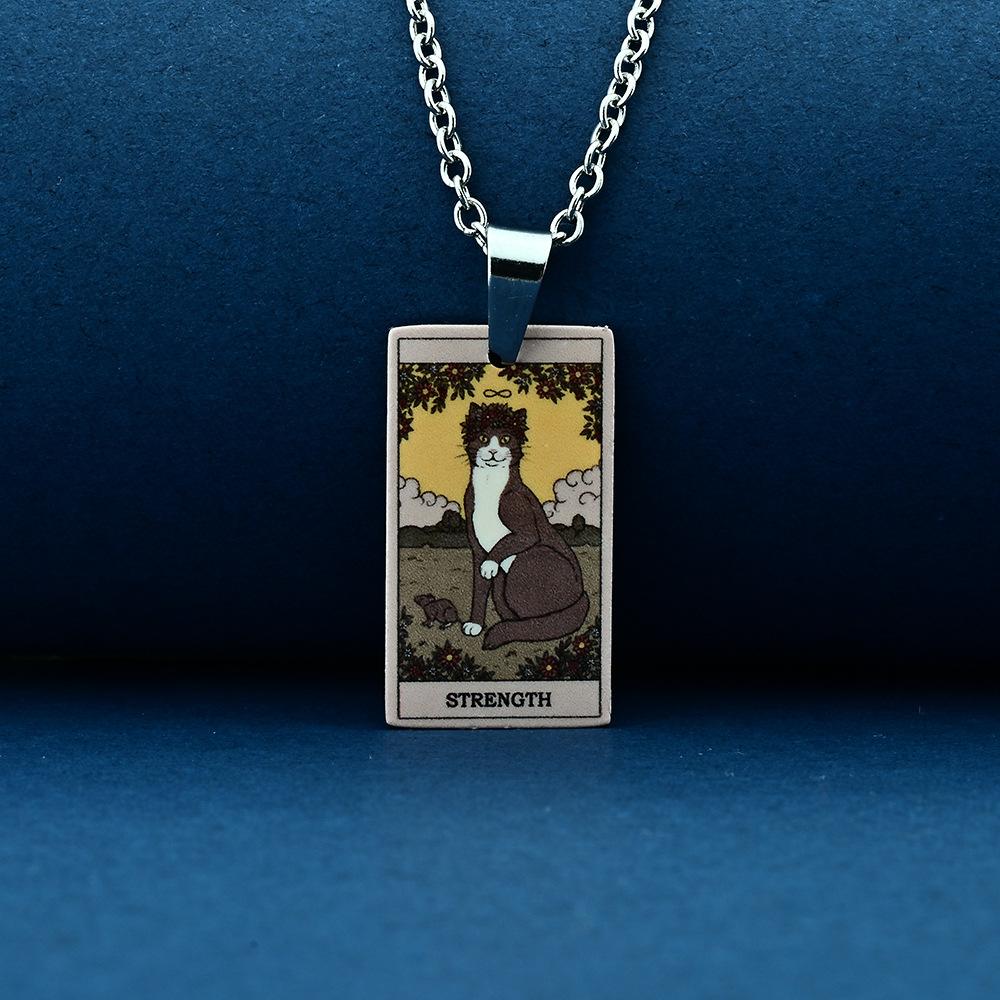Stainless Steel Cat Tarot Card Necklace for Men Women Animal Divination Jewelry Accessory