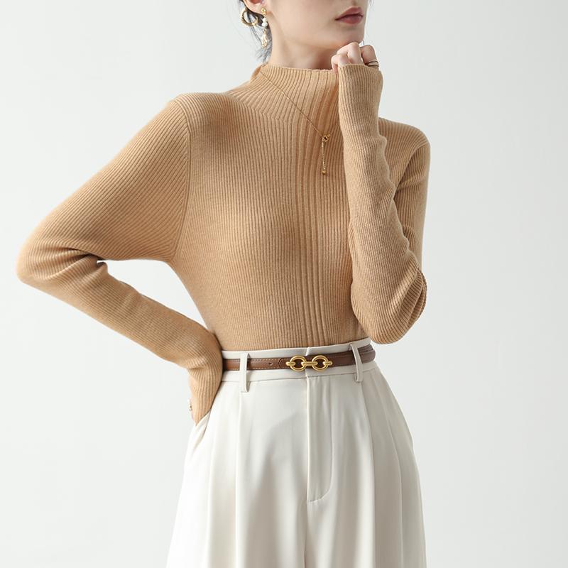 Autumn Long Sleeve Casual Base Knitted Women's Sweater Winter Thin Half High Collar Pullover Sweaters Women Solid Slim Female Knitwear Jumpers 25816
