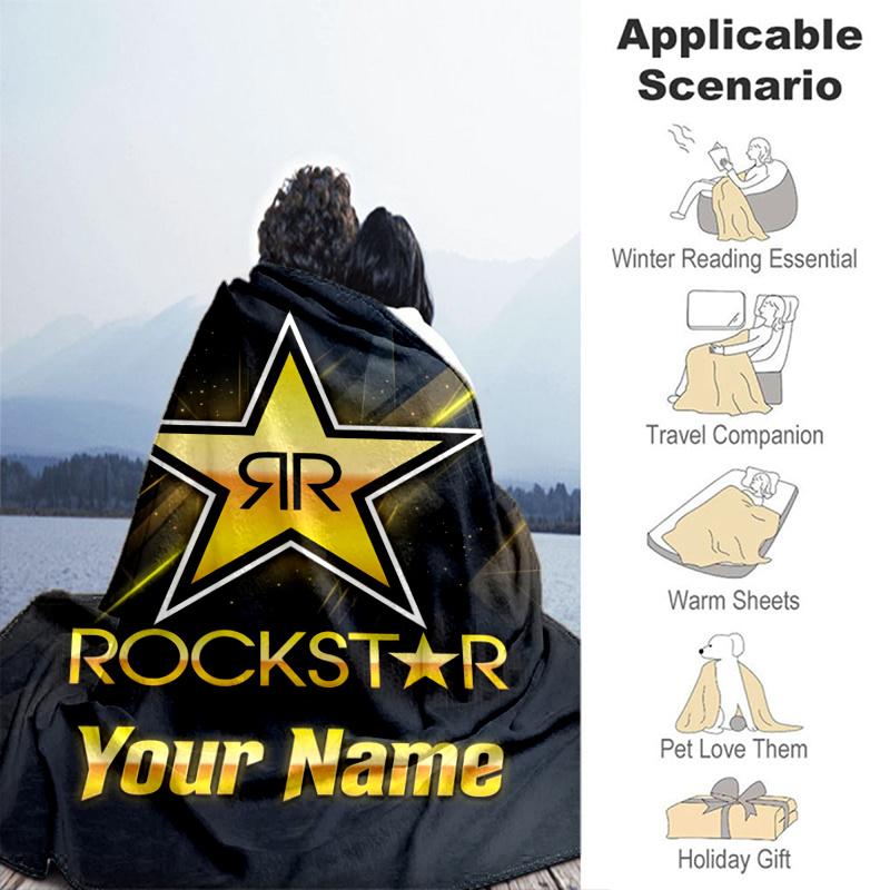 Custom Name rockstar energy Blanket Flannel Blanket for Camping, Hiking, Garden Parties, Picnic Essentials,gift for family and friend