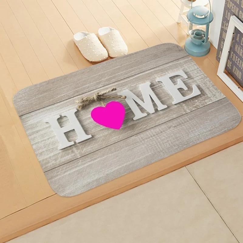Rustic HOME Heart Door Mat Grey Wood Pattern Carpet Entrance Kitchen Farmhouse Decorative Floor Mat