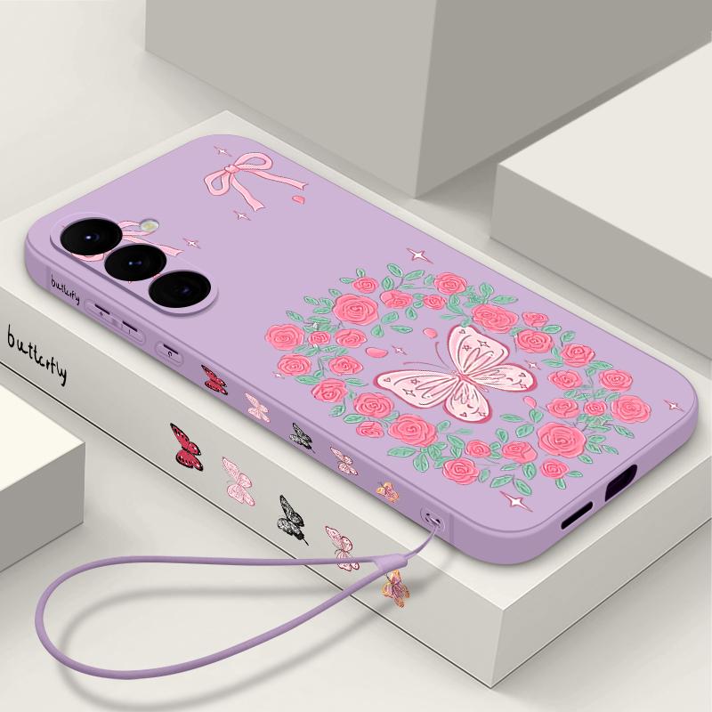 Vintage Flower Butterfly Case For Samsung Galaxy A56 A17 A26 A16 A36 A55 A54 A53 A15 S24 S25 FE S25 S22 S23 Ultra Plus Lanyard Soft Cover