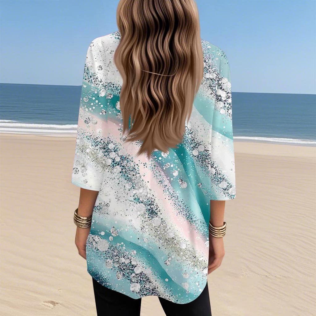 Lässige 3/4-Ärmel-Shirts für Damen, modischer Aufdruck, Tunika-Oberteile mit Taschen