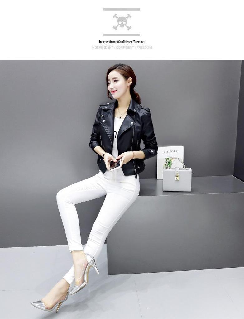 2025 Women's Slim PU Leather Motorcycle Jacket - Spring/Autumn Trendy Short Coat In Plus Sizes, European & American Style