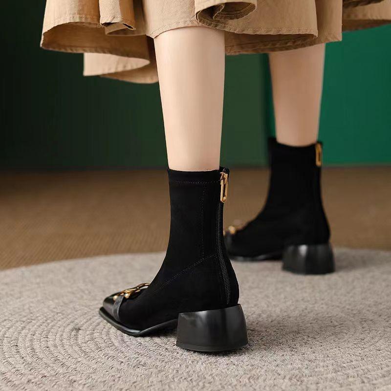 Fashion Black Elastic Socks Boots Spring Women's New Square Head Antique Short Boots Chunky Heel Boots Autumn Thick Heel Women's Boot