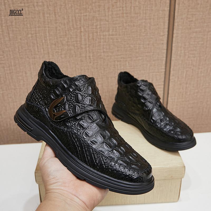 Fashion New men's leather boots for autumn and winter, warm fleece boots, crocodile leather patterned men's shoes for winter A 20