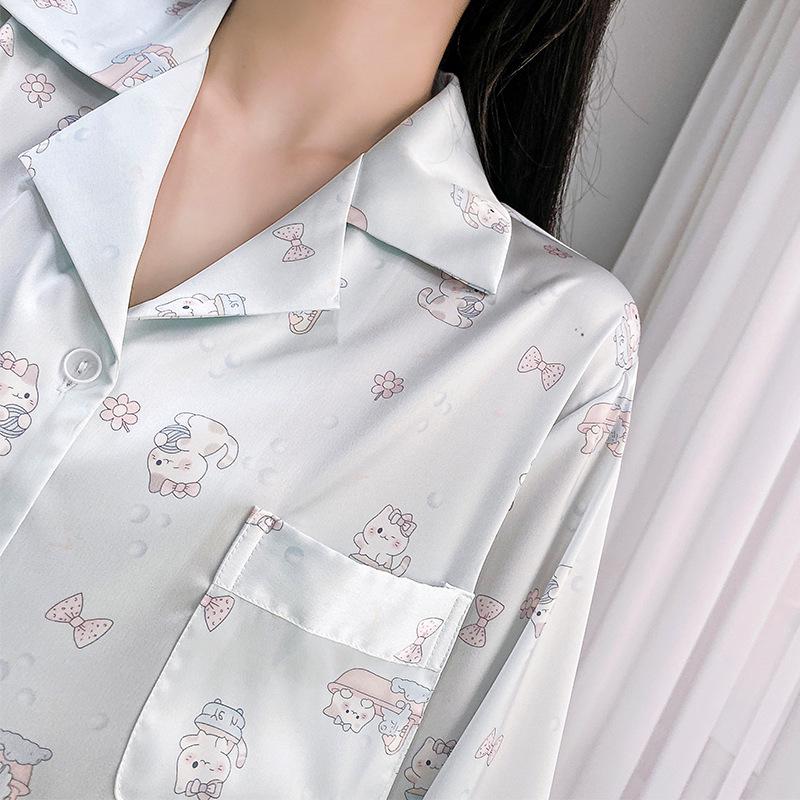 Women's Autumn/Winter Ice Silk Cartoon Pajamas, Korean-Style Sweetheart Set - Long Sleeve & Pants