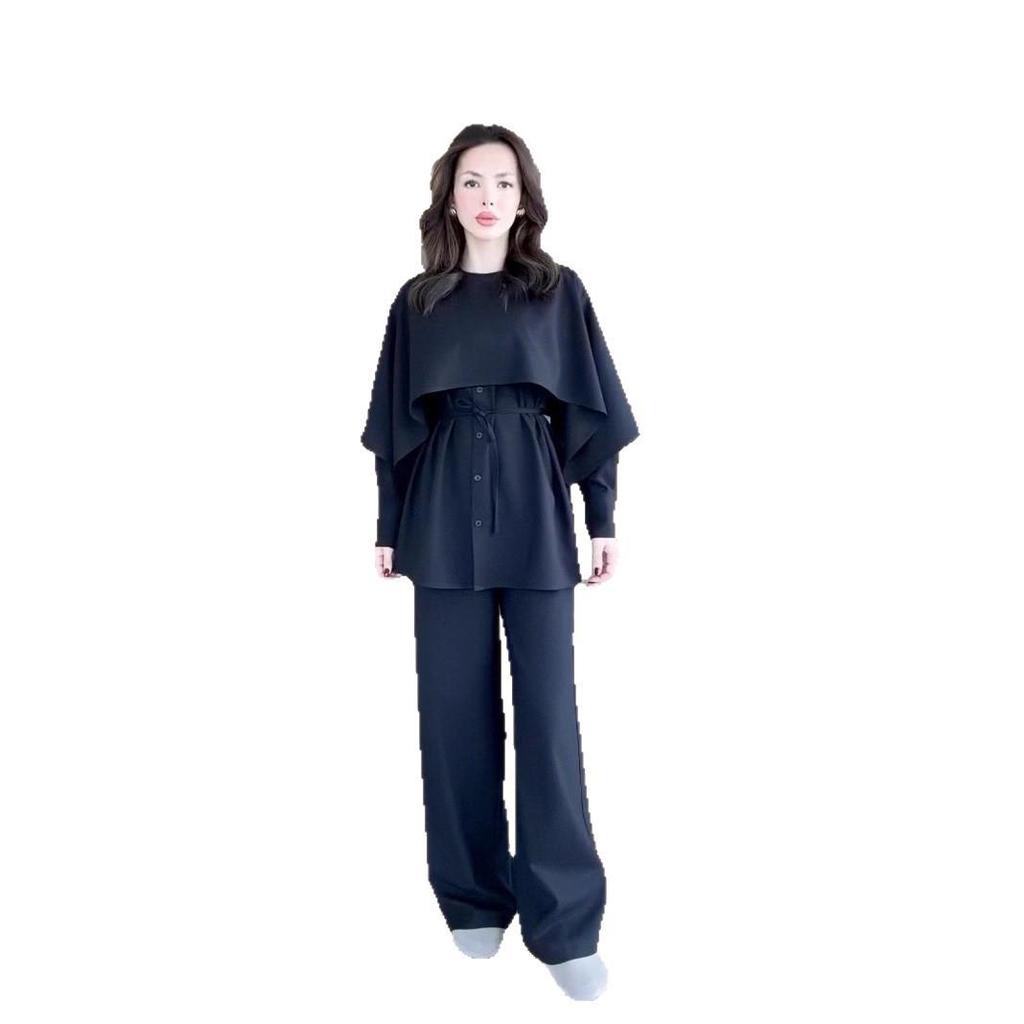 2025 Autumn European & American Women's Long-Sleeve Shawl Waist-Tied Top and Pants Set