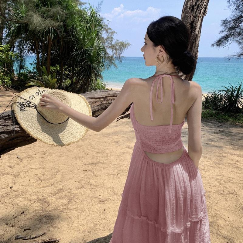 Pure desire wind sexy backless neck suspender skirt women's summer new French temperament super fairy seaside vacation dress