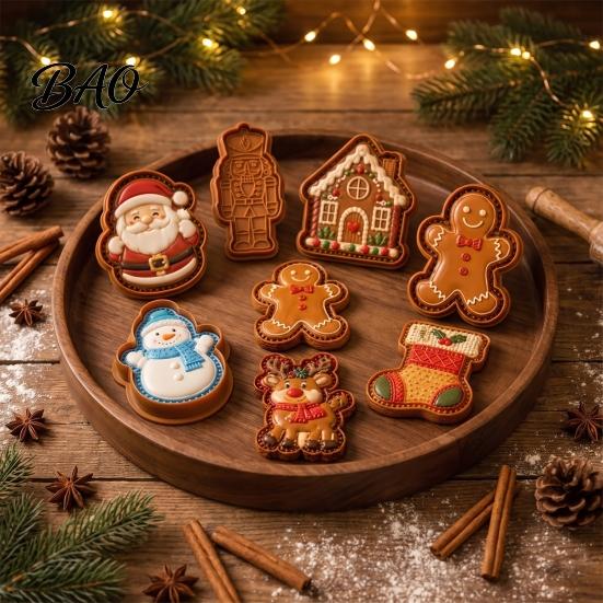 Kitchen Baking Supplies Christmas Cookie Cutter, Push Type Integrated Mold, Plastic Biscuit Cutters Clay Decorating Tool for Holiday Santa Claus Press