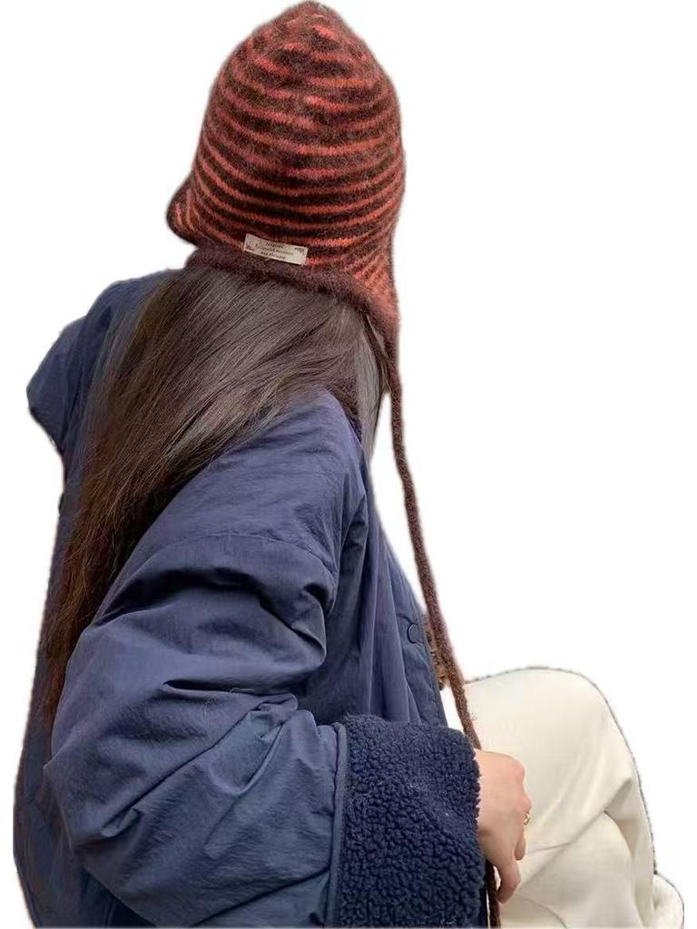 Retro Koreanischer Stil Mohair Gestreifte Strick Ohrenklappenmütze für Damen - Niedlich und Warm für Herbst/Winter