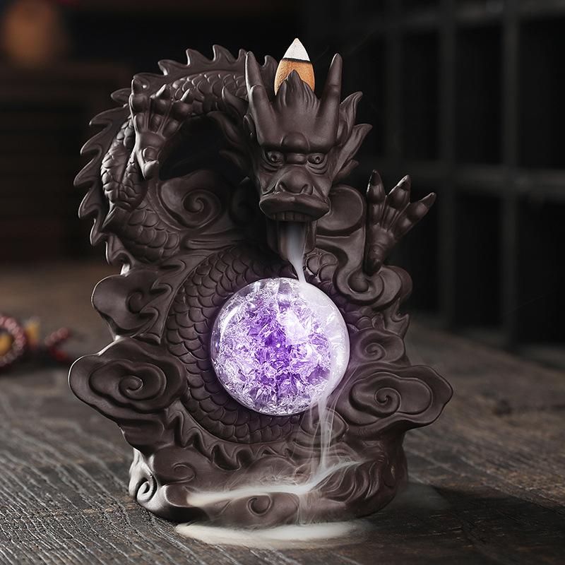 

purple sand Chinese Dragon Buddha Incense Burner With Led Light Home Lucky Feng Shui коричневий