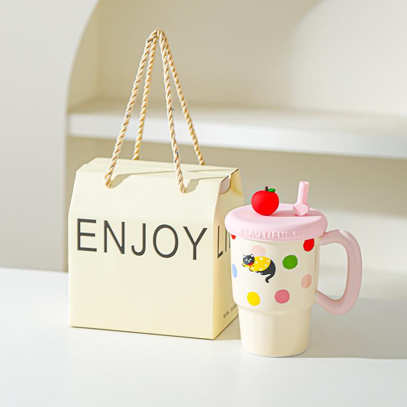 Apple Sippy Cup for Girls Birthday Girl Heart Cat Sippy Cup Cute Ceramic Mug Souvenir Gift Box