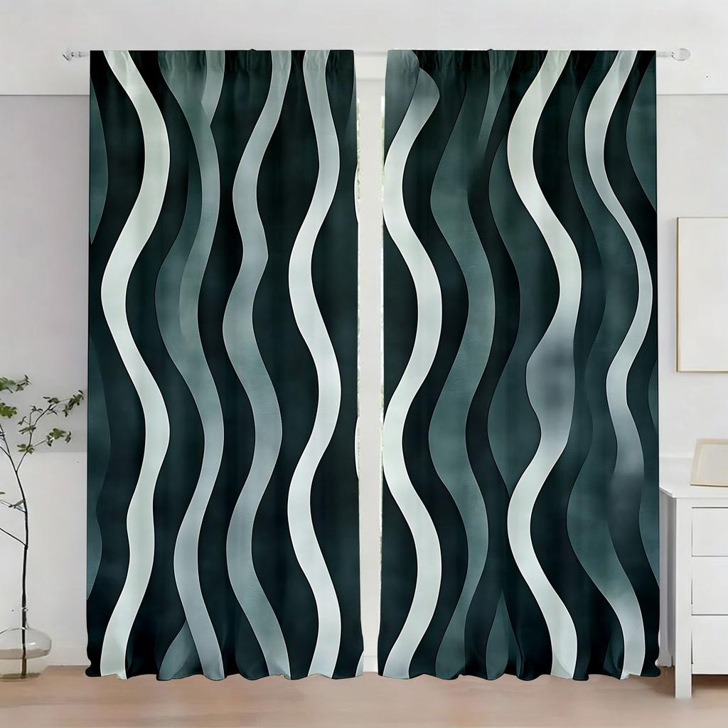 Set Of 2 Dark Green Gradient Wavy Curtain Simple Style Living Room Bedroom Pull Window Decoration For Great Made Polyester With Rod Pocket