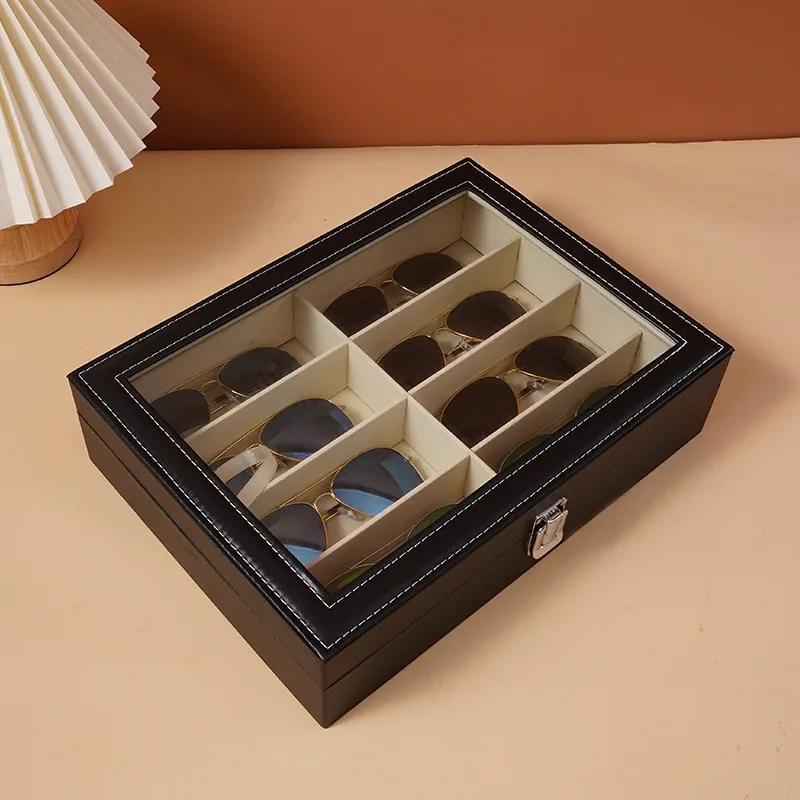 Fashion Leather Sunglasses Storage Box-Multi Grid Large Capacity Case Jewelry Display Collection Box for Sunglasses Organization