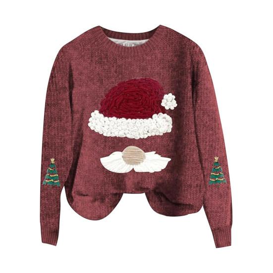 Women Sweatshirt 3D Santa Hat Printing Round Neck Loose Thick Pulliver Knitted New Year Winter Top Keep Warm Outdoor School Work Sweatshirt